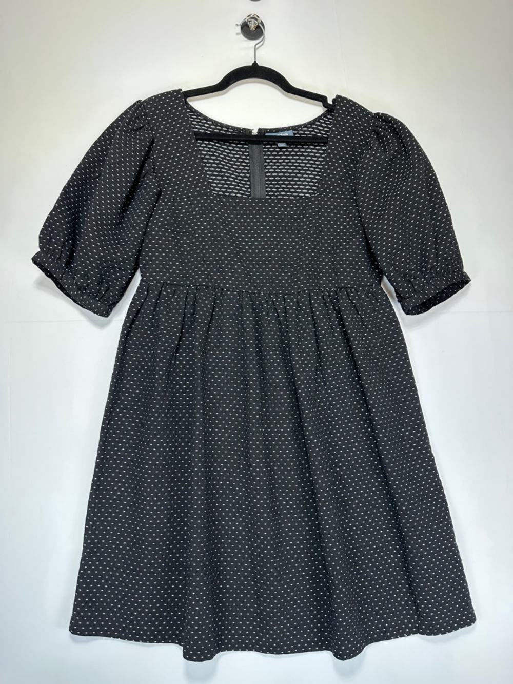 ModCloth Black Micro Dot Babydoll Dress Square Neck Puff Sleeve Feminine Size 10